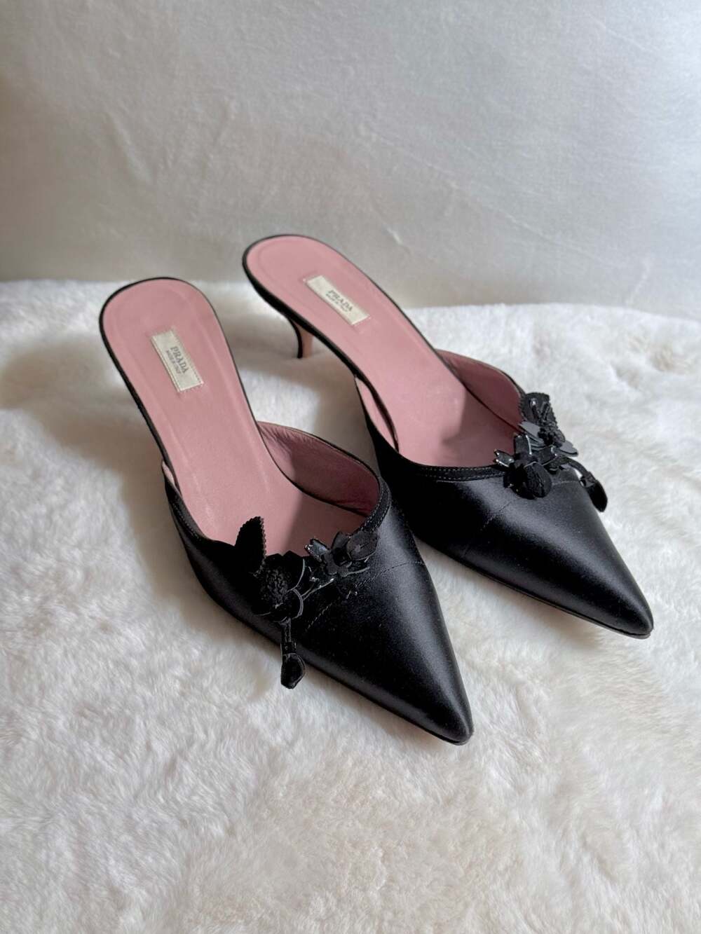 Prada Vintage Black Satin and Suede Kitten Heel Mules with Floral Accents - Picture 2 of 7